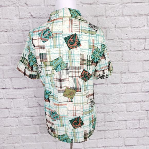 Vintage '70s Bradley Knitwear Green Plaid Patchwork Print Button Down Top Size M - Picture 8 of 16